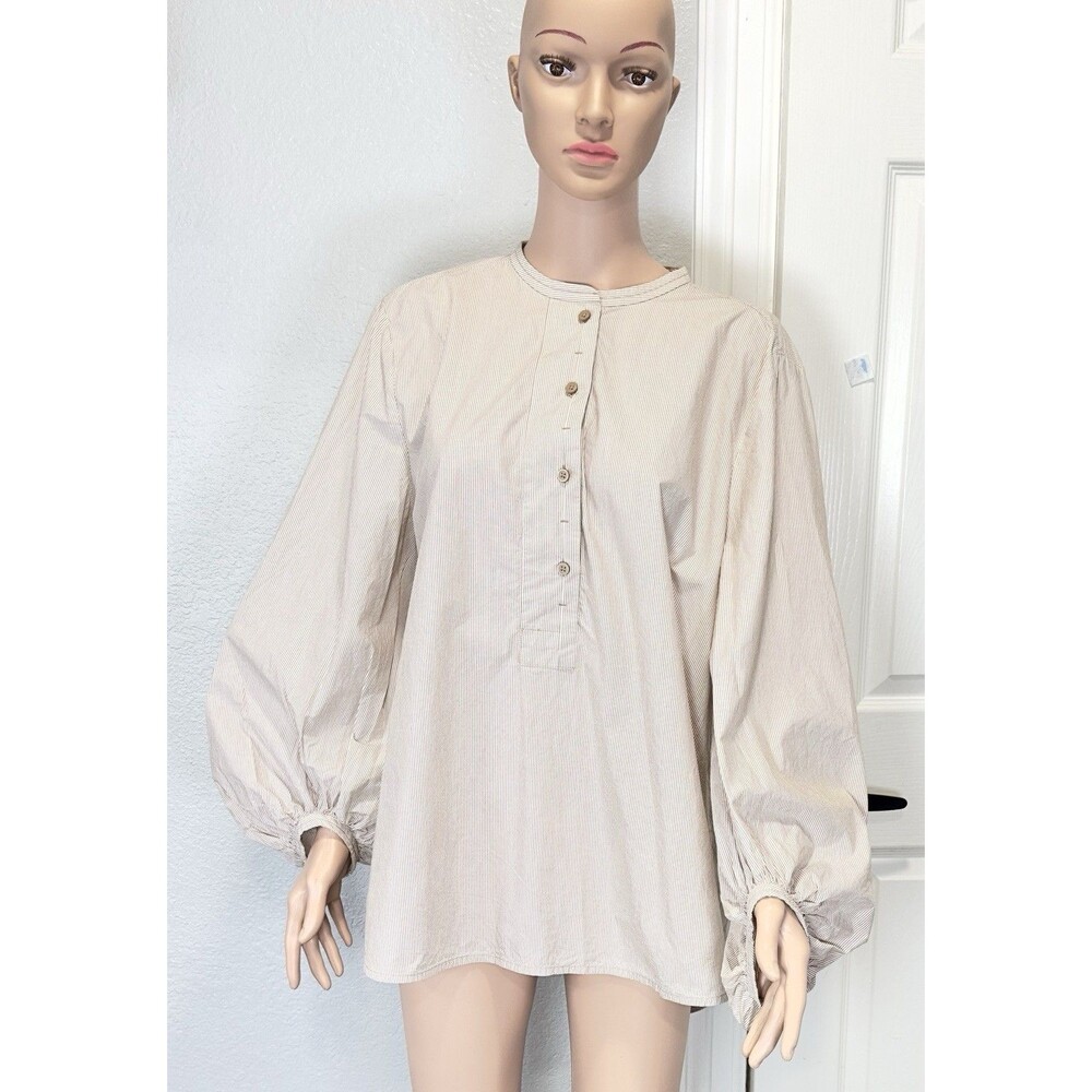COS Women US 10 Pinstripe Cotton Tunic Blouse Balloon Sleeve Oversized Beige
